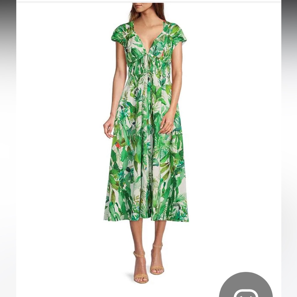 NWT Antonio Melani
Victoria Tropical Print Poplin V-Neck Cap Sleeve Midi Dress
